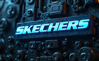 شعار skechers blue neon, 4k, الظلام, مصنع, خلفيات معدنية, خوخه, شعار skechers 3d, العمل الفني, شعار skechers المعدني, شعار skechers, علامات أزياء, skchers
