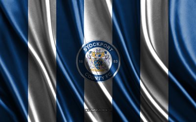 4k, logotipo fc do condado de stockport, liga um, textura de seda branca azul, flag de stockport county fc, clube de futebol inglês, futebol, bandeira da seda, emblema do condado de stockport count, inglaterra, badge fc do condado de stockport