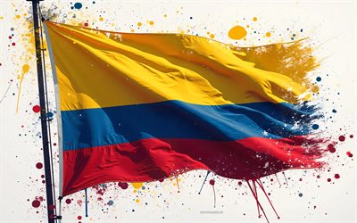bandeira colombiana, 4k, bandeira da colômbia no flagpole, bandeira colombiana de tinta splashes, arte grunge, bandeira da colômbia, colômbia