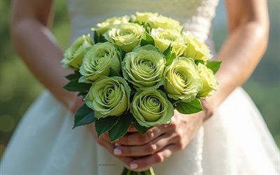 4k, rosas verdes en manos de novia, ramo de novias, bouquet de boda, rosas verdes, ramo de rosas, novia con flores, ramo de rosas verdes, conceptos de boda