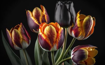 4k, tulipanes amarillos violetas, bokeh, flores de primavera, ramo de tulipanes, hermosas flores, bouquet violeta, tulipanes, tulipán negro, bouquet de novias, primavera, antecedentes con tulipanes, flores violetas