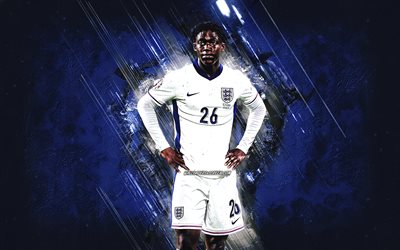 kobbie mainoo, jogador de futebol inglês, equipe de futebol nacional da inglaterra, fundo de pedra azul, arte grunge, inglaterra, futebol, kobbie mainoo inglaterra