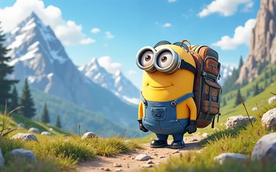 Minion, Bob in the mountains, Minion with backpack, Bob, Despicable Me, Minions, Bob Minion, travel concepts, Bob Despicable Me, Minions characters