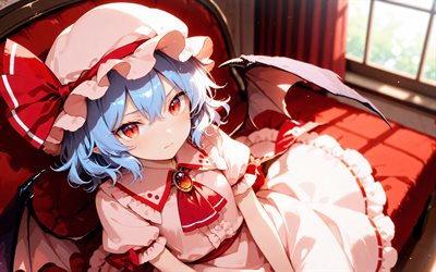 Remilia Scarlet, 4k, bokeh, Touhou, red eyes, vampire, manga, Touhou characters, Remiria Sukaretto, Touhou Project, anime characters, Remilia Scarlet Touhou