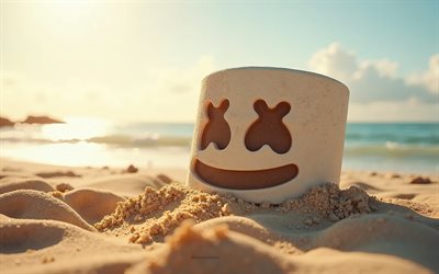 dj marshmello helm, 4k, été, dj marshmello helm en sable, plage, logo dj marshmello 3d, sable, dj marshmello, art créatif, marshmello