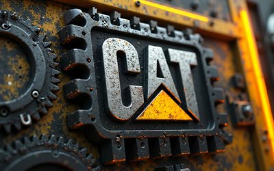 4k, tırtıl metal logosu, bokh, fabrika, sarı neon işıklar, metal arka planlar, caterpillar 3d logosu, yaratıcı, kedi, tırtıl logosu, üretici markaları, tırtıl, kedi logosu