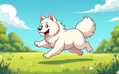 in esecuzione samoyed, 4k, arte astratta, estate, prato, cartoon samoyed, animali domestici, animali da cartone animato, cani da cartoni animati, creativo, cani, samoyed