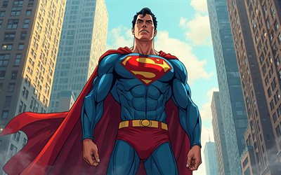 4k, Superman, skyscrapers, superheroes, comics art, DC Comics, Superman art, night, fan art, Superman 4K