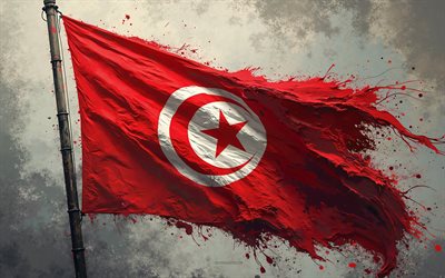bandeira da tunísia, 4k, bandeira da tunísia no flagpole, bandeira de tinta tunisiana, arte grunge, tunísia flag, tunísia
