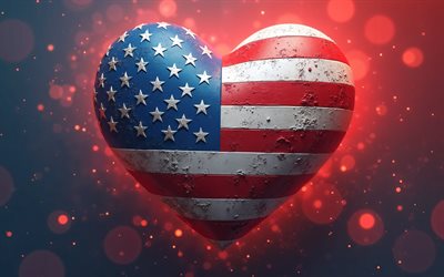 4k, eu amo os eua, arte grunge, anterior abstrato colorido, dia dos eua, bandeira dos eua, coração com bandeira ameiicana, corações 3d, bandeira americana, eua, amor pelos eua