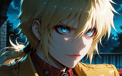 Victoria Seras, 4k, blue eyes, Hellsing, close-up, night, manga, Serasu Vikutoria, Hellsing manga, Victoria Seras art, Victoria Seras characters, Alucard character, Alucard Hellsing