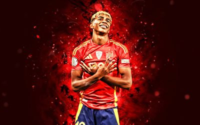 4k, lamina yamal, celebração pessoal, antecedentes abstratos vermelhos, seleção de futebol nacional da espanha, uefa, luzes de neon vermelhas, jogadores de futebol espanhol, lamine yamal 4k, futebol, equipes nacionais, equipe lamine yamal espanha