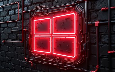 windows 10 kırmızı neon logosu, 4k, bokh, siyah tuğla arka plan, markalar, yaratıcı, windows 10 neon logosu, kablolar, os logosu, borular, windows 10 logosu, windows 10 3d logosu, windows 10