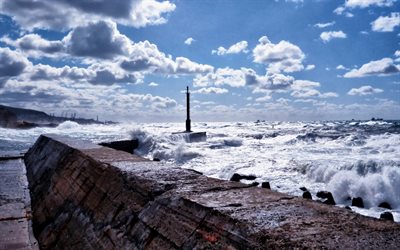 Sakhalin Island, storm, waves, sea, Russia