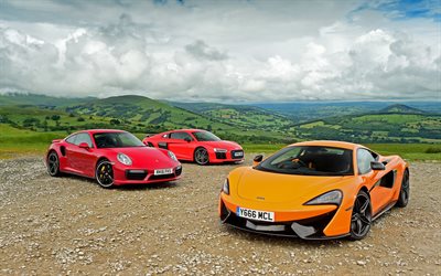 supercars, Audi R8, McLaren 570S, Porsche 911 Turbo S, mountains