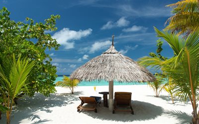 tropical beach, sea, sand, beach, lounge chairs
