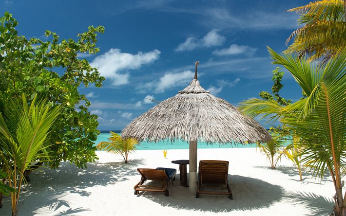 tropical beach, sea, sand, beach, lounge chairs