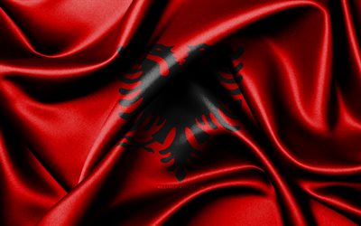 العلم الألباني, 4k, الدول الأوروبية, أعلام النسيج, يوم ألبانيا, علم ألبانيا, أعلام الحرير متموجة, أوروبا, الرموز الوطنية الألبانية, ألبانيا
