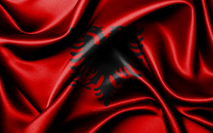 العلم الألباني, 4k, الدول الأوروبية, أعلام النسيج, يوم ألبانيا, علم ألبانيا, أعلام الحرير متموجة, أوروبا, الرموز الوطنية الألبانية, ألبانيا
