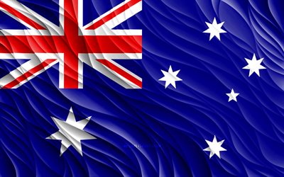 4k, علم أستراليا, أعلام 3d متموجة, دول المحيط, علم استراليا, يوم استراليا, موجات ثلاثية الأبعاد, الرموز الوطنية الأسترالية, العلم الاسترالي, أستراليا