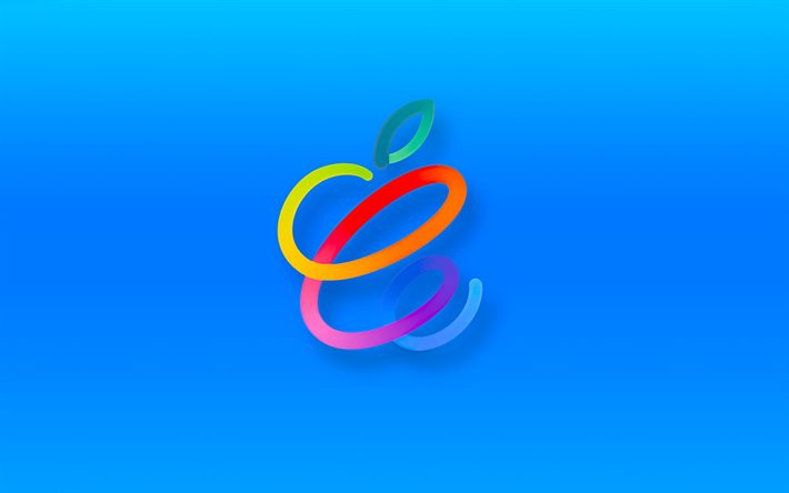 شعار apple الخطي, 4k, خلاق, خلفيات زرقاء, تفاحة, عمل فني, شعار أبل المجرد