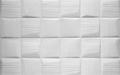 白い漆喰タイルのテクスチャ, 4k, しっくいの背景, 白い正方形のしっくいタイル, しっくいの質感, 白い3d石の背景, 3d石膏テクスチャ