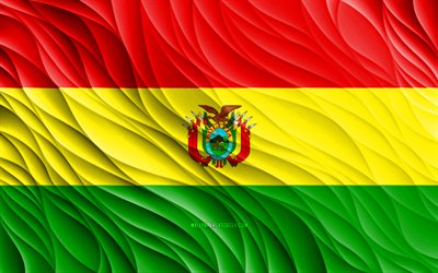 4k, Bolivian flag, wavy 3D flags, South American countries, flag of Bolivia, Day of Bolivia, 3D waves, Bolivian national symbols, Bolivia flag, Bolivia
