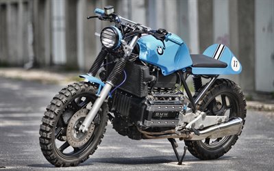 bmw k 100 rs scrambler, 4k, superbikes, bokeh, blå motorcyklar, hdr, tyska motorcyklar, bmw