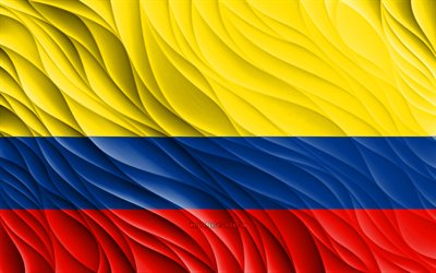 4k, العلم الكولومبي, أعلام 3d متموجة, دول أمريكا الجنوبية, علم كولومبيا, يوم كولومبيا, موجات ثلاثية الأبعاد, الرموز الوطنية الكولومبية, كولومبيا