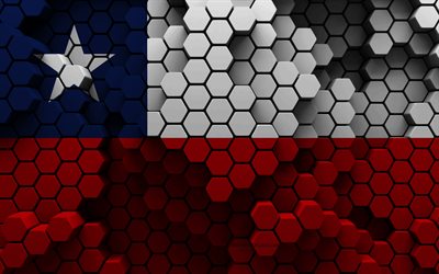 4k, Flag of Chile, 3d hexagon background, Chile 3d flag, 3d hexagon texture, Chile national symbols, Chile, 3d background, 3d Chile flag