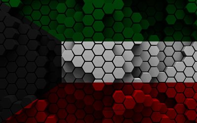 4k, クウェートの旗, 3d六角形の背景, クウェート3dフラグ, 3d六角形テクスチャ, クウェートの国家シンボル, クウェート, 3d背景, 3dクウェートの旗
