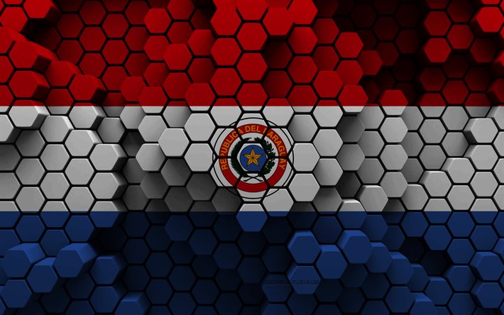 4k, bandiera del paraguay, sfondo esagonale 3d, bandiera 3d del paraguay, trama esagonale 3d, simboli nazionali del paraguay, paraguay, sfondo 3d, bandiera del paraguay 3d