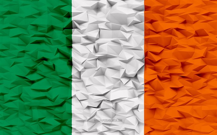 علم ايرلندا, 4k, 3d المضلع الخلفية, 3d المضلع الملمس, العلم الايرلندي, 3d علم ايرلندا, الرموز الوطنية الأيرلندية, فن ثلاثي الأبعاد, أيرلندا