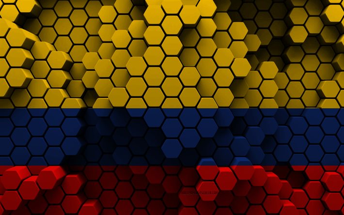 4k, colombias flagga, 3d hexagon bakgrund, colombia 3d flagga, 3d hexagon textur, colombianska nationella symboler, colombia, 3d bakgrund, 3d colombia flagga