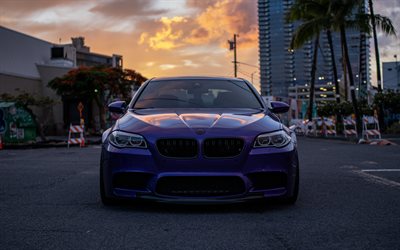 4k, BMW M5 F90, front view, exterior, purple M5 F90, F90 tuning, BMW F90, German cars, M5 tuning, evening, sunset, BMW
