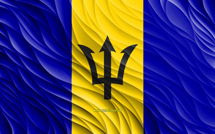 4k, علم بربادوس, أعلام 3d متموجة, دول أمريكا الشمالية, يوم بربادوس, موجات ثلاثية الأبعاد, رموز بربادوس الوطنية, بربادوس