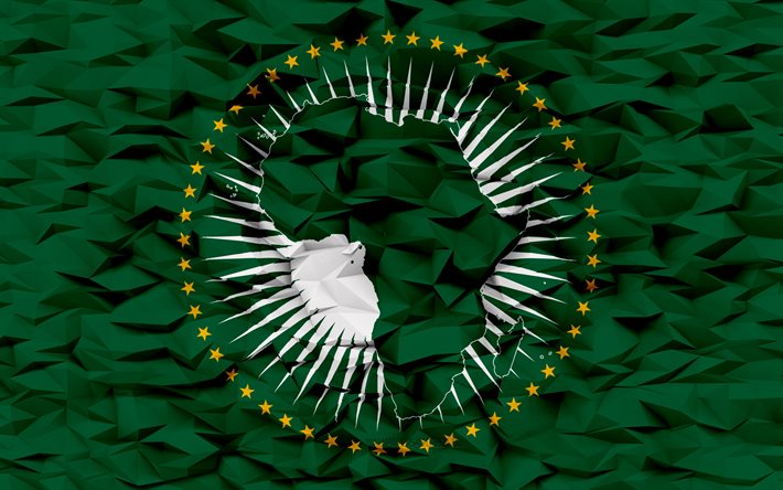 afrika birliği bayrağı, 4k, 3d çokgen arka plan, 3d çokgen doku, 3d afrika birliği bayrağı, uluslararası kuruluşlar, 3d sanat, afrika birliği
