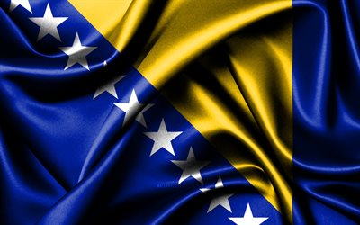 drapeau bosnien, 4k, les pays européens, les drapeaux en tissu, le jour de la bosnie-herzégovine, le drapeau de la bosnie-herzégovine, les drapeaux de soie ondulés, l europe, les symboles nationaux bosniaques, la bosnie-herzégovine