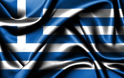 그리스 국기, 4k, 유럽 국가, 패브릭 플래그, 그리스의 날, 그리스의 국기, 물결 모양의 실크 깃발, 유럽, 그리스 국가 상징, 그리스