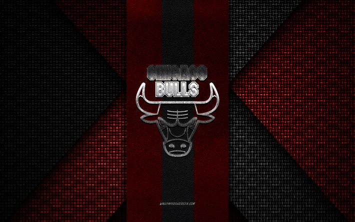 chicago bulls, nba, texture tricotée rouge et noire, logo des chicago bulls, club de basket-ball américain, emblème des chicago bulls, basket-ball, chicago, états-unis