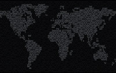 carte du monde numérique, code binaire, cartes métalliques, carte du monde noir, concepts de carte du monde, créatif, cartes du monde