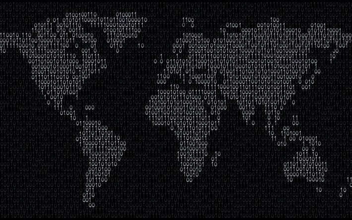 mapa del mundo numérico, código binario, mapas de metal, mapa del mundo negro, conceptos del mapa del mundo, creativo, mapas del mundo