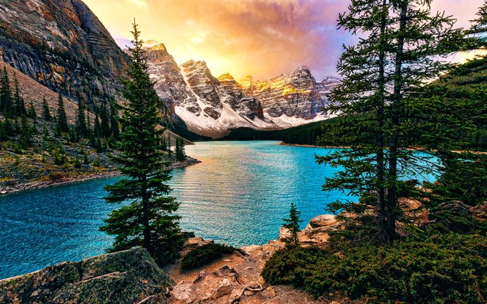 moraine lake, 4k, solnedgång, berg, blå sjöar, banff national park, kanada, alberta, banff, kanadensiska landmärken