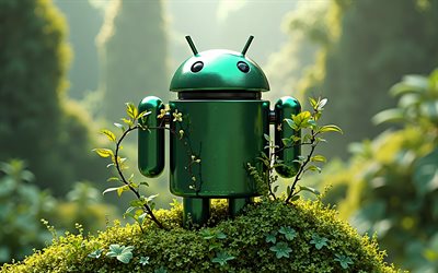 logotipo android 3d, 4k, antecedentes da natureza, robô 3d android, logotipo android, emblema do android, robô android, nature art, android