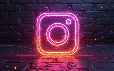 4k, instagram buntes neon  logo, dunkelheit, kreativ, schwarzer backstein  hintergrund, soziale netzwerke, instagram neon  logo, kabel, marken, instagram  logo, instagram 3d  logo, instagram