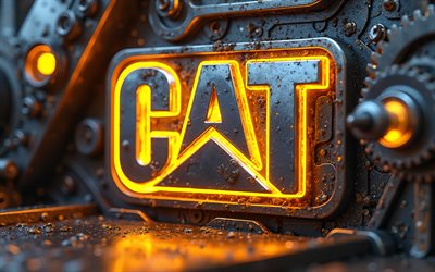 4k, Caterpillar yellow neon logo, bokeh, metal backgrounds, Caterpillar metal logo, creative, CAT, Caterpillar logo, Caterpillar neon logo, Caterpillar 3D logo, manufacturer brands, Caterpillar, CAT logo
