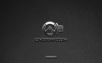 logo overwatch 2, marques, fond de pierre grise, emblème overwatch 2, logos populaires, surveiller 2, enseignes métalliques, logo métallique overwatch 2, texture de pierre, surveillance