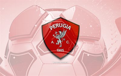 ac ペルージャの光沢のあるロゴ, 4k, 赤いサッカーの背景, セリエb, サッカー, イタリアのサッカー クラブ, acペルージャの3dロゴ, acペルージャのエンブレム, ペルージャfc, フットボール, スポーツのロゴ, acペルージャ
