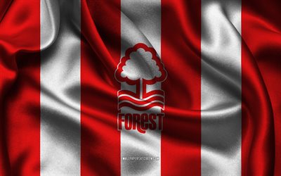 4k, Nottingham Forest FC logo, red white silk fabric, English football team, Nottingham Forest FC emblem, Premier League, Nottingham Forest FC, England, football, Nottingham Forest FC flag
