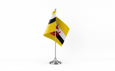 4k, drapeau de table brunéi, fond blanc, drapeau brunei, drapeau de table du brunei, drapeau de brunei sur bâton de métal, drapeau de brunei, symboles nationaux, brunéi